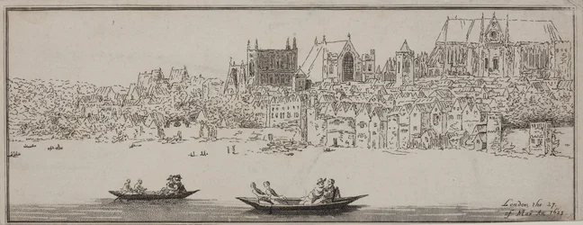 Ansicht der Westminster Abbey und des Palace of Westminster von der Themse mit Booten im Vordergrund, ca. 1750
